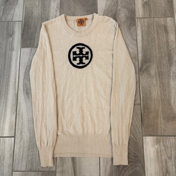 Tory Burch Sweater Womens Small Wool Cashmere Blend Tory Logo Cream Crew - Picture 1 of 8